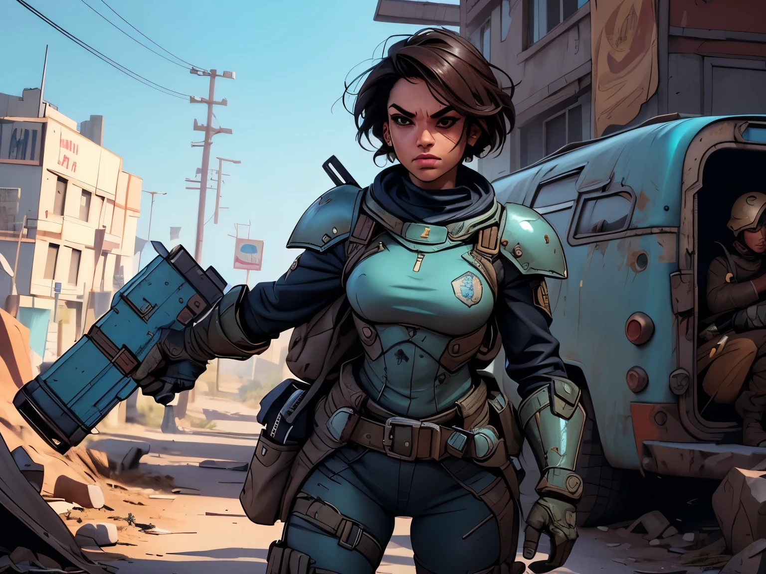 fundo da imagem, um personagem do jogo fallout 3, caminhando sozinho por uma cidade em ruinas, jogo fallout 3, ((uma personagem feminina usando Armored Vault jumpsuit azul com detalhes em cinza, universo de fallout 3, mochila nas costas)), Natural Dynamic Pose, cidade em ruinas, melhor qualidade, ultra detalhada, bem desenhado, anatomia perfeita, proporcional, character within the golden ratio of the scene