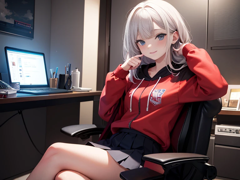 ​masterpiece　最hightquality　hightquality　One pretty woman　a smile　Energy Drinks　gamingroom　Delivery room　　darkened room　Monitor Light　inside in room　parka　checked skirt　Medium Hair　Game Distributor　Gaming Chair　sitting on