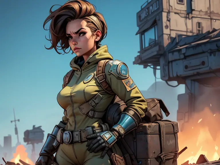 um personagem do jogo fallout 3, caminhando sozinho por uma cidade em ruinas, jogo fallout 3, ((uma personagem feminina usando A...