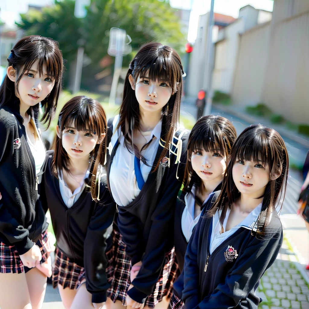 RAW写真、(((multiple 女の子))),((((6+女の子)))),((((100女の子)))),(((1000女の子)))、((((100人の少女))))、女性のみ、同じ顔、マッチした制服、、長い黒髪、100 cute 女の子 going to school、笑い、通学、通学路、通りで、自撮り、同じ人、(((大規模グループ)))、中学生