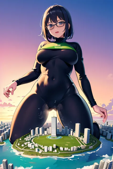 Bird View, Buruma, der riese art, 非常に詳細なder rieseショット, der riese, Shorthair, Giant woman bigger than a skyscraper, Wearing rimless glasses, Colossal tits, Big ass, gymnastic suit, Navy blue high socks, very small metropolis, Trying to destroy a miniature m...