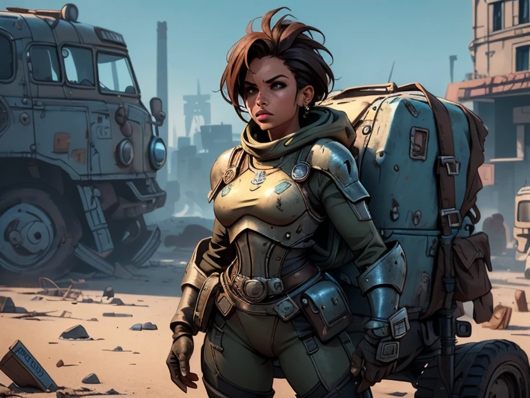 um personagem do jogo fallout 3, caminhando sozinho por uma cidade em ruinas, jogo fallout 3, ((uma personagem feminina usando Armored Vault jumpsuit azul com detalhes em cinza, universo de fallout 3, mochila nas costas)), Natural Dynamic Pose, cidade em ruinas, melhor qualidade, ultra detalhada, bem desenhado, anatomia perfeita, proporcional, character within the golden ratio of the scene