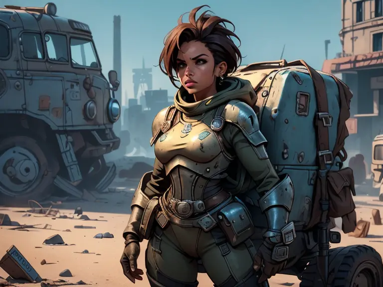 um personagem do jogo fallout 3, caminhando sozinho por uma cidade em ruinas, jogo fallout 3, ((uma personagem feminina usando A...