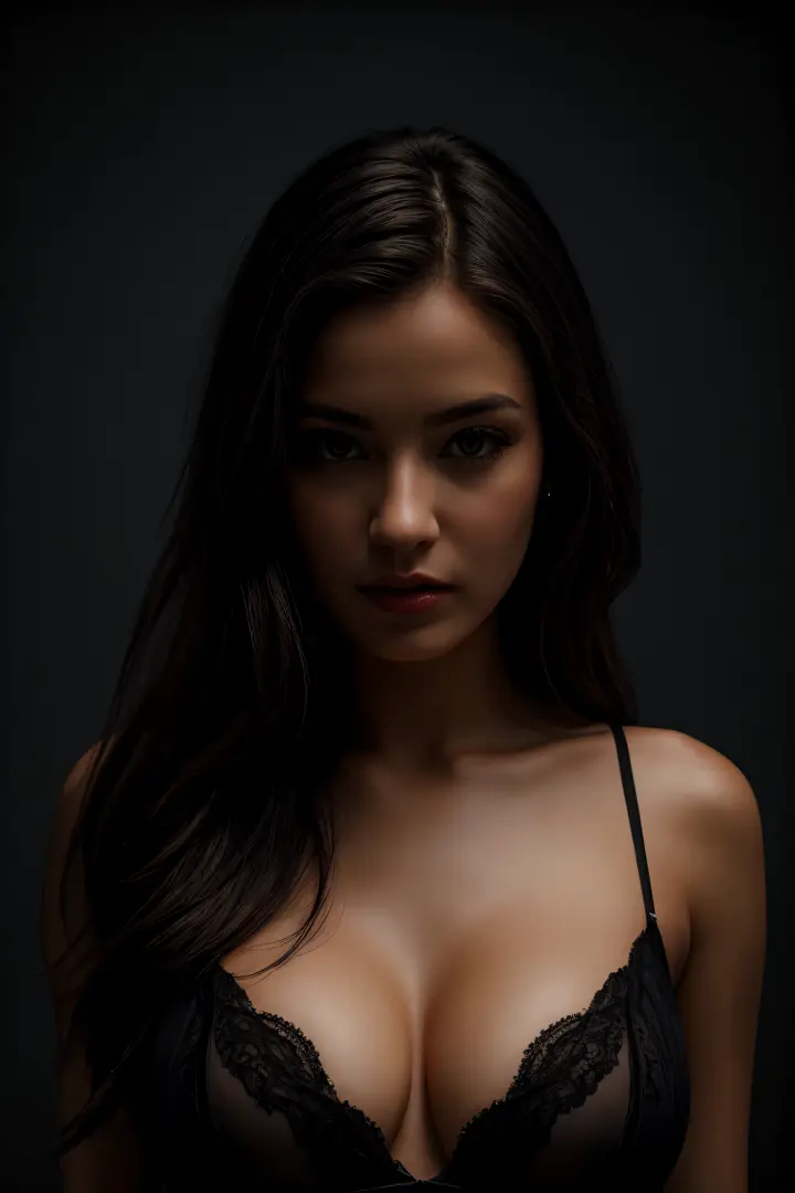 Best quality, masterpiece, ultra high res, (photorealistic:1.4), raw photo, 1girl, offshoulder, huge cleavage, in the dark, deep shadow, low key, cold light, SFW