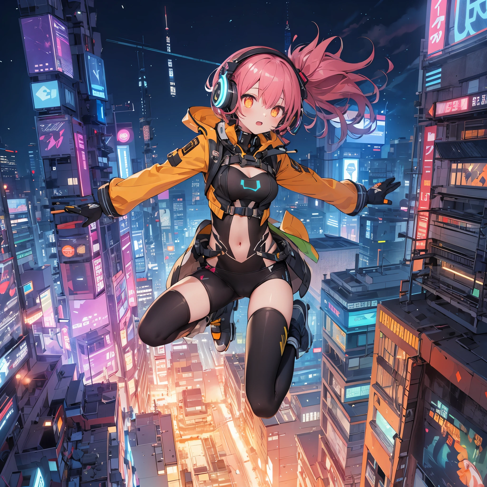 A woman flying over a city at night with a neon city in the background -  SeaArt AI