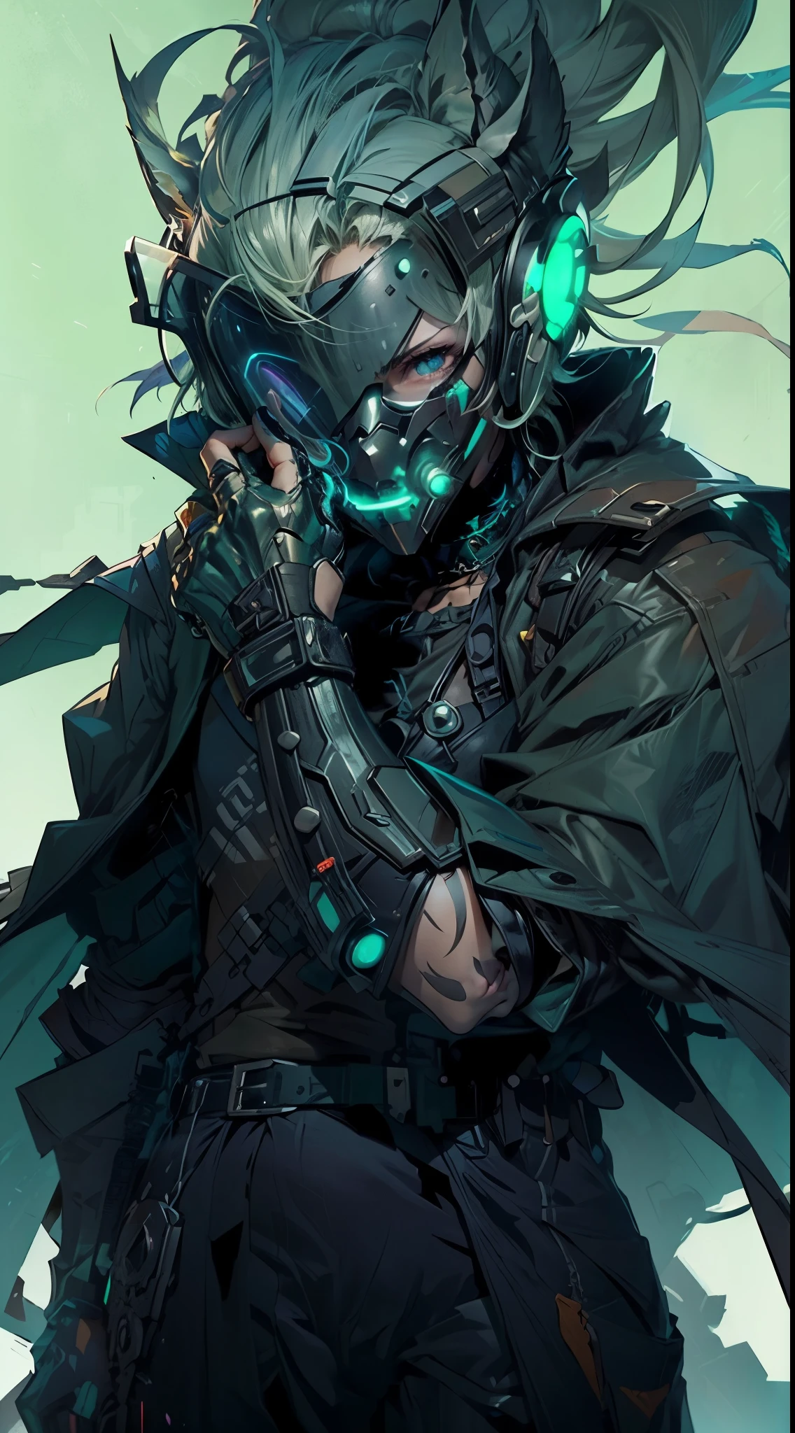 a close up of a person with a green light on their face, mask, anime cyberpunk art, digital cyberpunk anime art, cyberpunk anime art, modern cyberpunk anime, cyberpunk horror style, anime cyberpunk, digital cyberpunk - anime art, cyberpunk art style, digital cyberpunk anime!!, dark cyberpunk illustration, benedick bana, detailed anime character art, anime mecha aesthetic, cyberpunk character art