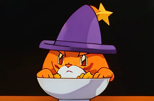 longhair orange housecat with a white chin wearing a purple wizard hat with white stars on it. Holding a bowl of yellow/brown soup. drawn in the style of a physic type pokemon.