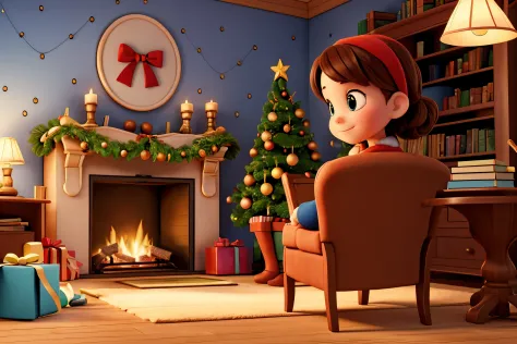 Christmas theme,Girl in library with books and fireplace, Comfortable wallpaper, background artwork, concept art by disney,