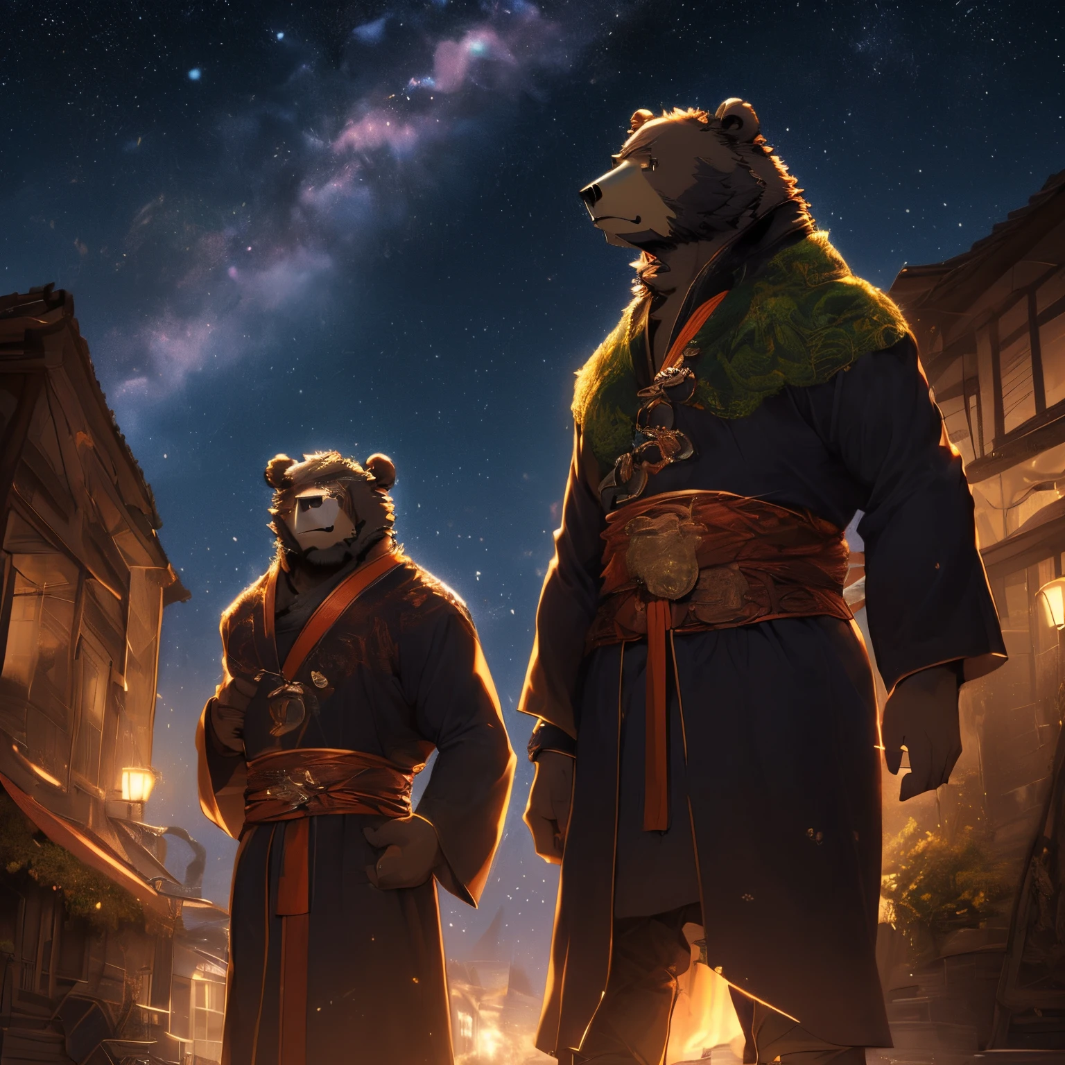 there are two bears standing in the middle of a street, anthropomorphic samurai bear, moon bear samurai, rob rey and kentarõ miura, ross tran and michael whelan, official concept art, rob rey and kentarõ miura style, black bear samurai, rob rey and kentaro miura style, edgar maxence and ross tran