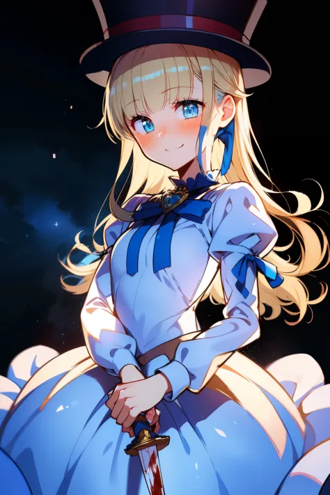 (1girl, solo), blonde hair, side ponytail, (blue eyes:1.5), long hair, (small breast:1.2), (hair ribbon, juliet sleeves, long sleeves, puffy sleeves, white dress:1.5, frills, top hat, black top hat, hat, hat flower,) looking at viewer, shaded face, smile, ...