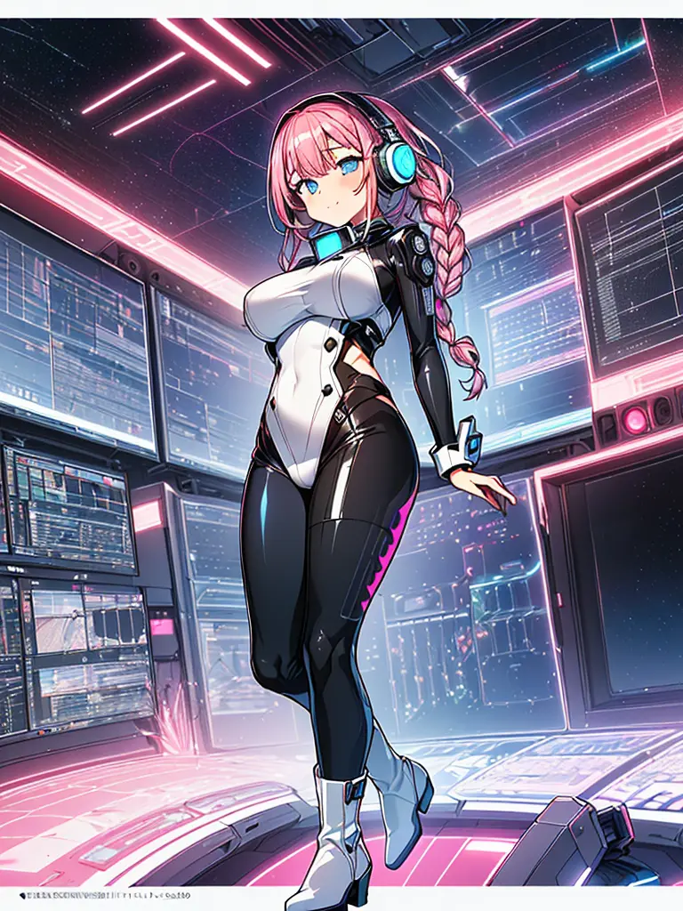 ​masterpiece:1.4, 1girl in ((20yr old, wearing a tight, futuristic metallic white bodysuit,long boots, huge-breasted, a pink-hai...