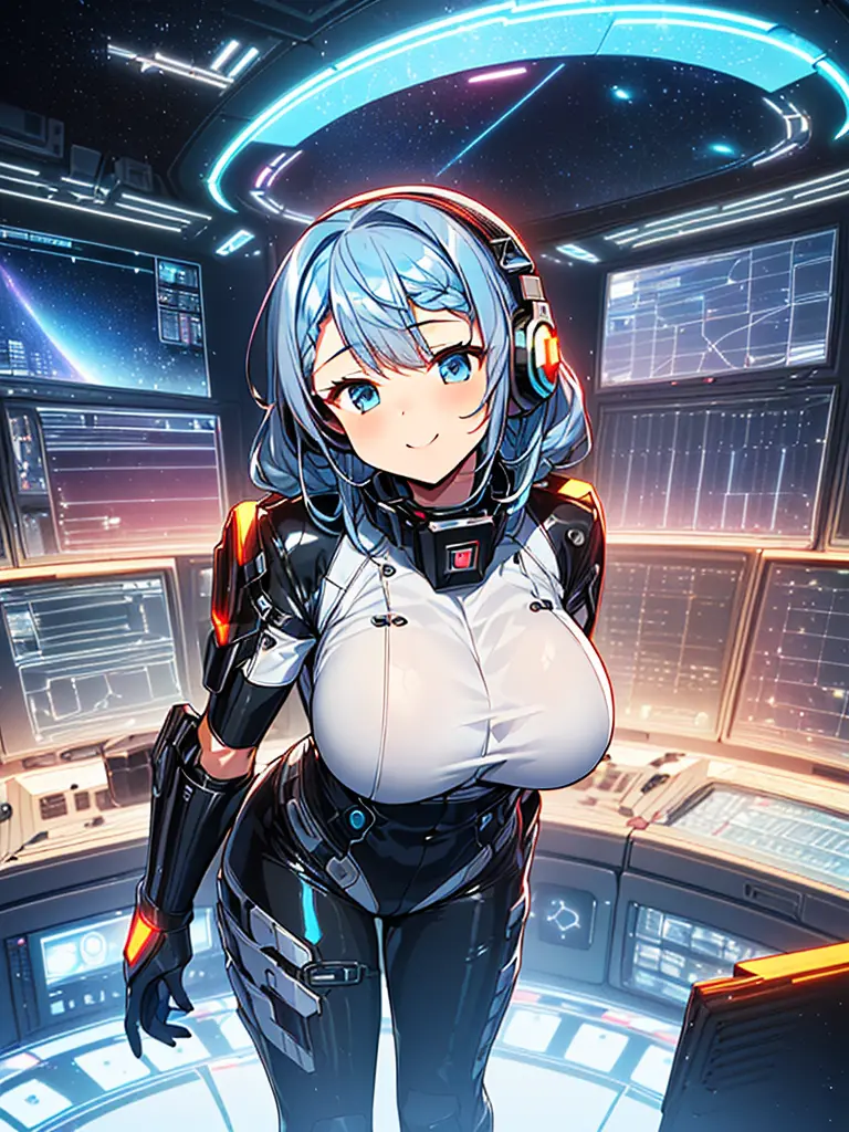 ​masterpiece:1.4, 1girl in ((20yr old, wearing a tight, futuristic metallic gray bodysuit,long boots, huge-breasted, blue hair, ...