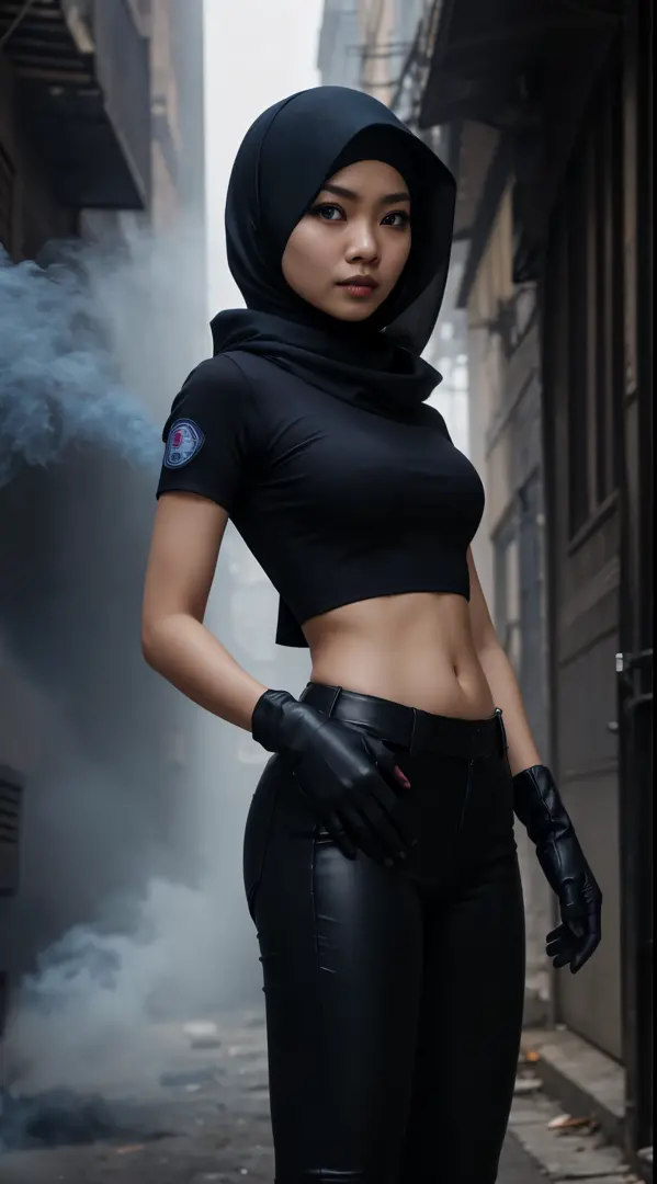 masutepiece, Best Quality, hight resolution, 1 malay girl in, Solo, hijab, Blue eyes, Black Gloves, sexy  Police Uniform, black ...