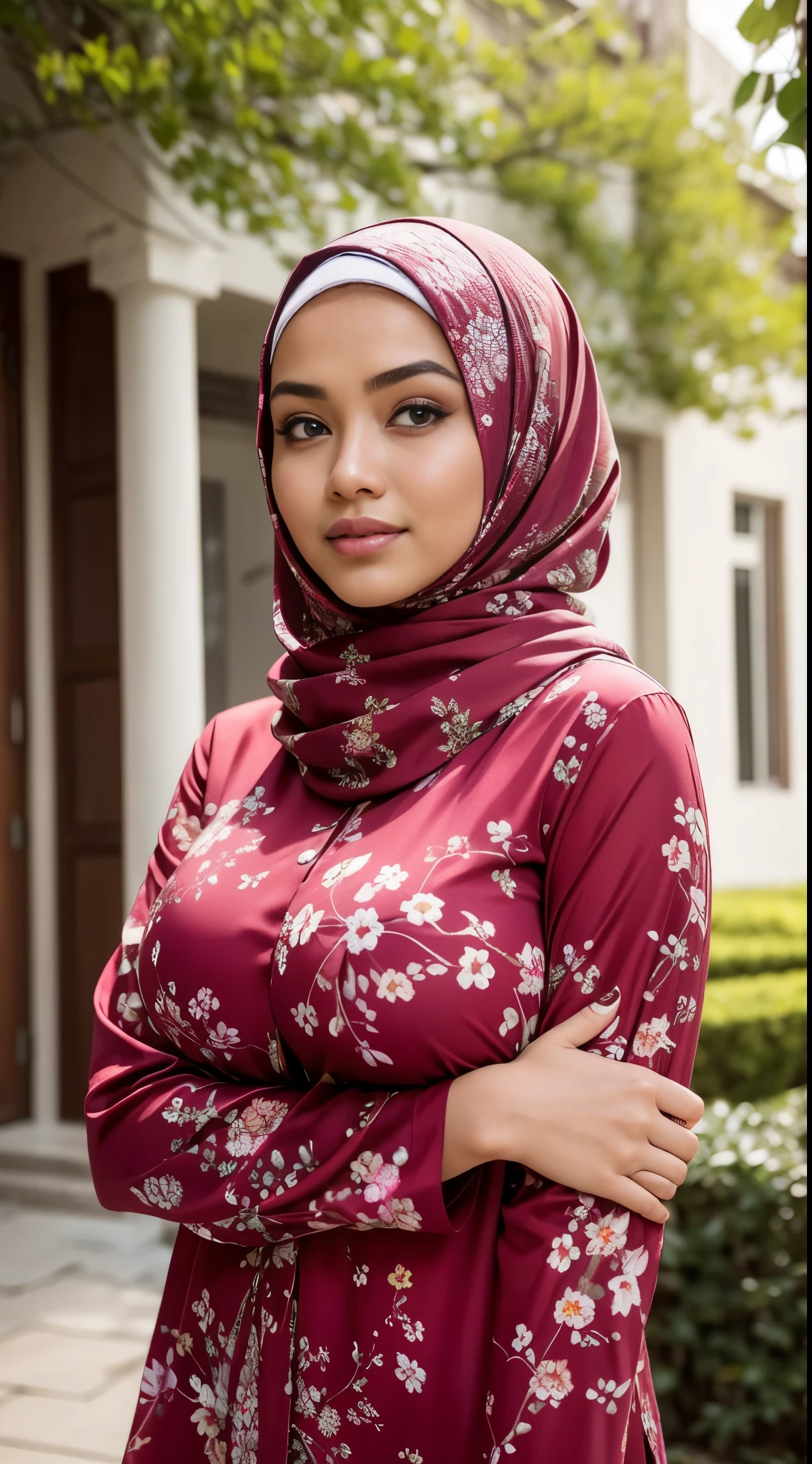 RAW, Best quality, high resolution, masterpiece: 1.3), beautiful Malay woman in hijab,Masterpiece, perfect fit body, ((Huge breast)), big orgeous eyes, Soft smile,close up of woman in red hijab and white shirt with large floral pattern, cheerful, beautiful, hijap, layered clothing, patterned clothing, taken in 2 0 2 0, middle portrait, semi realism , scarf,Delicate turtleneck, shairband, afternoon walk, City garden, Excellent lighting, Bright colors, Clean lines