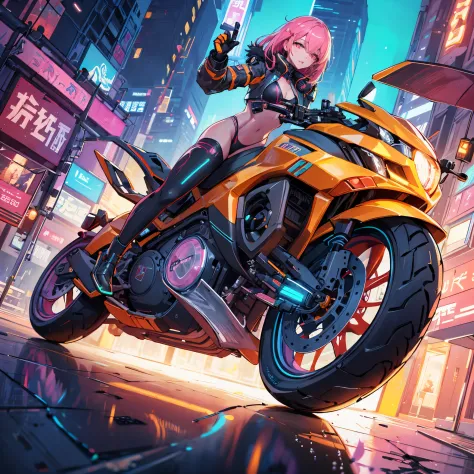 (masterpiece), best quality, expressive eyes,swaying hair,Dynamic hair, armed girls in Cyberpunk outfit holding weapon and ridin...
