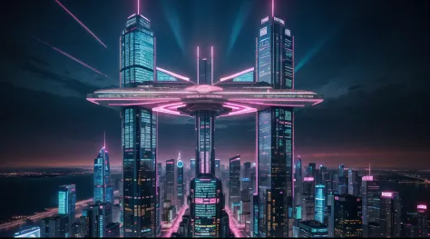 (Aerial,futuristic,fuchsia cyberpunk,panoramic vista) cityscape,skyscrapers,towering buildings,surrounded by a beautiful lake,illuminated by the night sky.  central building, resembling a flower blossom, majestically stands in the center. (Glowing:1.1) neon lights and holographic advertisements fill the streets,cycling through vibrant fuchsia hues.