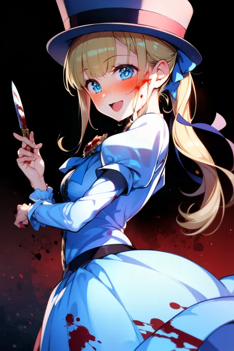 (1girl, solo), blonde hair, side ponytail, (blue eyes:1.5), long hair, (small breast:1.2), (hair ribbon, juliet sleeves, long sleeves, puffy sleeves, blood stained white dress:1.5, frills, top hat, black top hat, hat, hat flower,) looking at viewer, crazy ...
