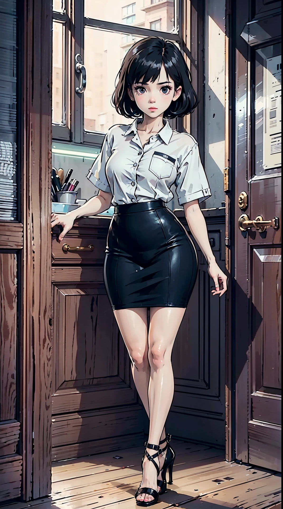 masterpiece, best quality, 8K, UHD, ultra detailed, black short hair, beatiful eyes, black eyes, sexy pose, 15 year old little girl, wearing work clothes, wearing high heels