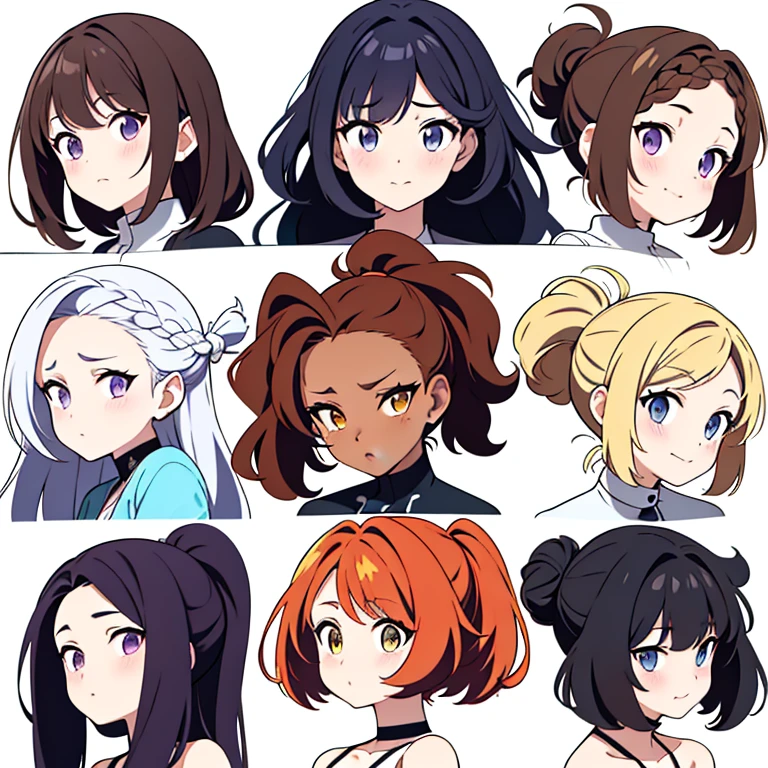 9 girls, white background,  different characters, multiple views, (Close up heads, portrait, mugshot), bra, bare shoulders, bikini, different hair colors, different hair styles, 
twin-tail hair style, 
pony-tail hair, wavy 
long hair, 
braid, 
parted bangs, 
high ponytail, 
low ponytail, 
big hair, cornrows, 
hair bun, 
hair rings, 
half updo hairstyle, 
diagonal bangs, 
two side up hair, 
flipped hair, 
blunt bangs, 

warm-toned hair colors, 
cool-toned hair colors, 
brown hair color, 
red hair color, 
yellow hair color, 
white hair color, 
purple hair color, 
blue hair color,