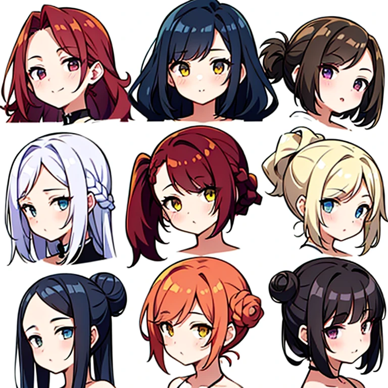 9 girls, white background,  different characters, multiple views, (Close up heads, portrait, mugshot), bra, bare shoulders, bikini, different hair colors, different hair styles, 
twin-tail hair style, 
pony-tail hair, wavy 
long hair, 
braid, 
parted bangs, 
high ponytail, 
low ponytail, 
big hair, cornrows, 
hair bun, 
hair rings, 
half updo hairstyle, 
diagonal bangs, 
two side up hair, 
flipped hair, 
blunt bangs, 

warm-toned hair colors, 
cool-toned hair colors, 
brown hair color, 
red hair color, 
yellow hair color, 
white hair color, 
purple hair color, 
blue hair color,