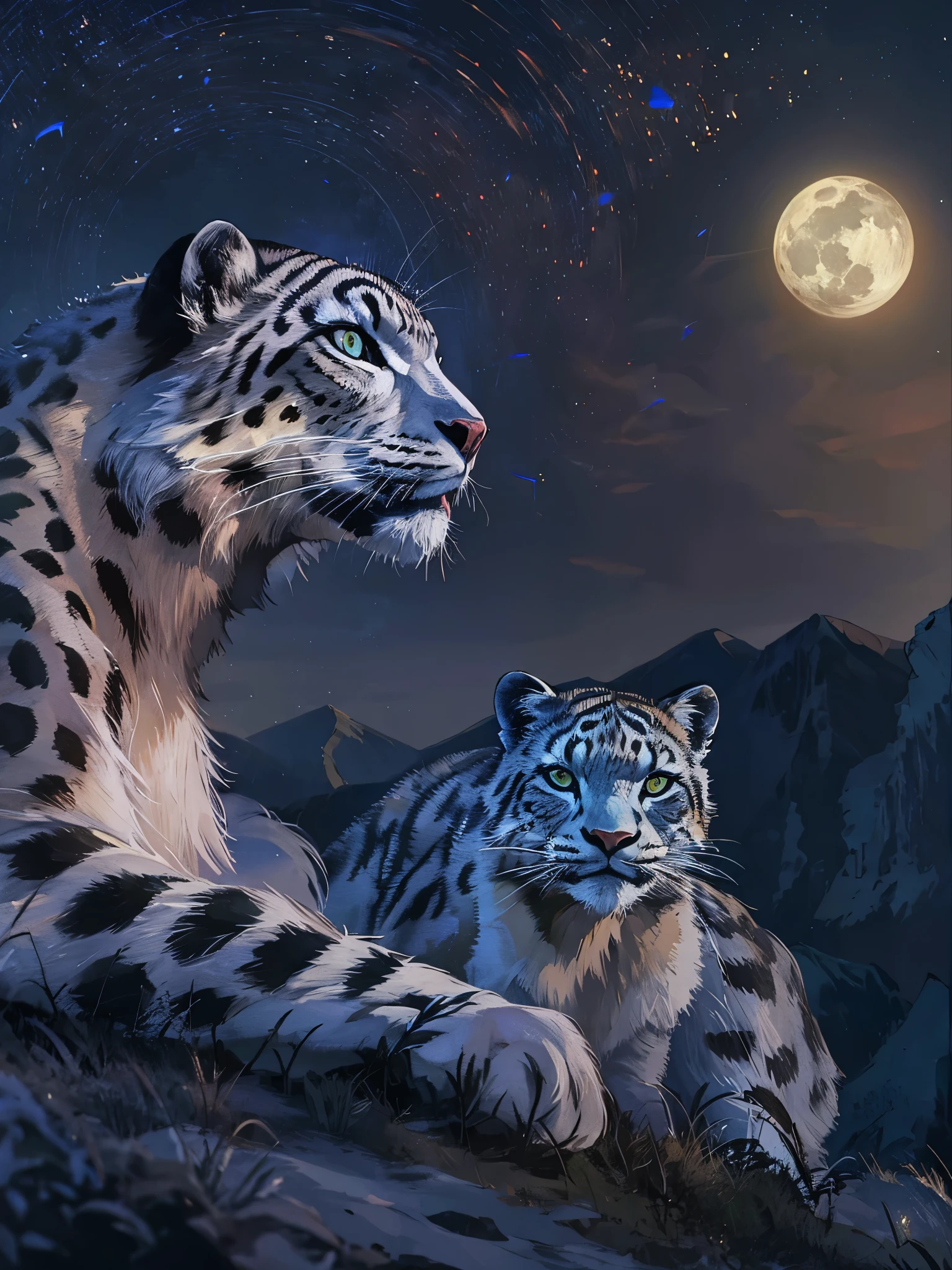 photograph of a family of majestic spotted snow leopard sitting on top of a cliff at night. Full moon. Birds flying in the background., cinematic lighting, reflection light, backlighting, high detail, UHD, masterpiece, anatomically correct, super detail, 8k