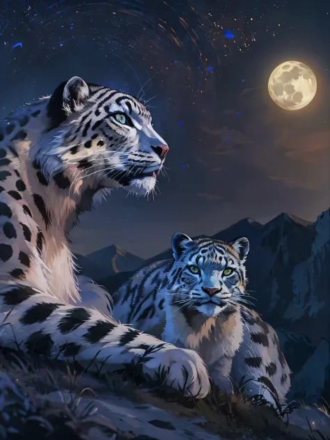 photograph of a family of majestic spotted snow leopard sitting on top of a cliff at night. Full moon. Birds flying in the backg...