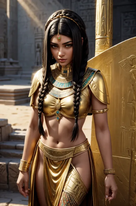 Egyptian woman, pharaoh, gold jewelry, Masterpiece,  Ultra realistic, Photo realism, standing, short black hair in braids, bobcu...