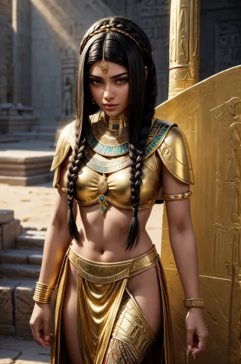 egyptian woman, pharaoh, gold jewelry, masterpiece,  ultra realistic, photo realism, standing, short black hair in braids, bobcu...