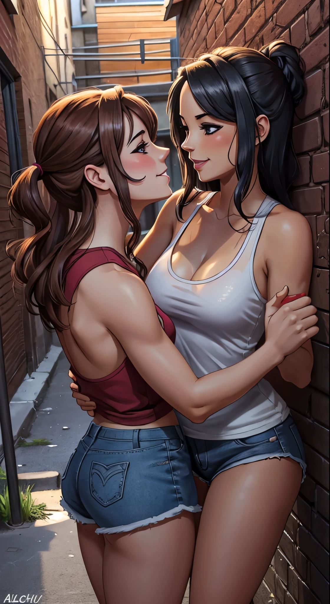 Two women hugging in front of a brick wall - SeaArt AI