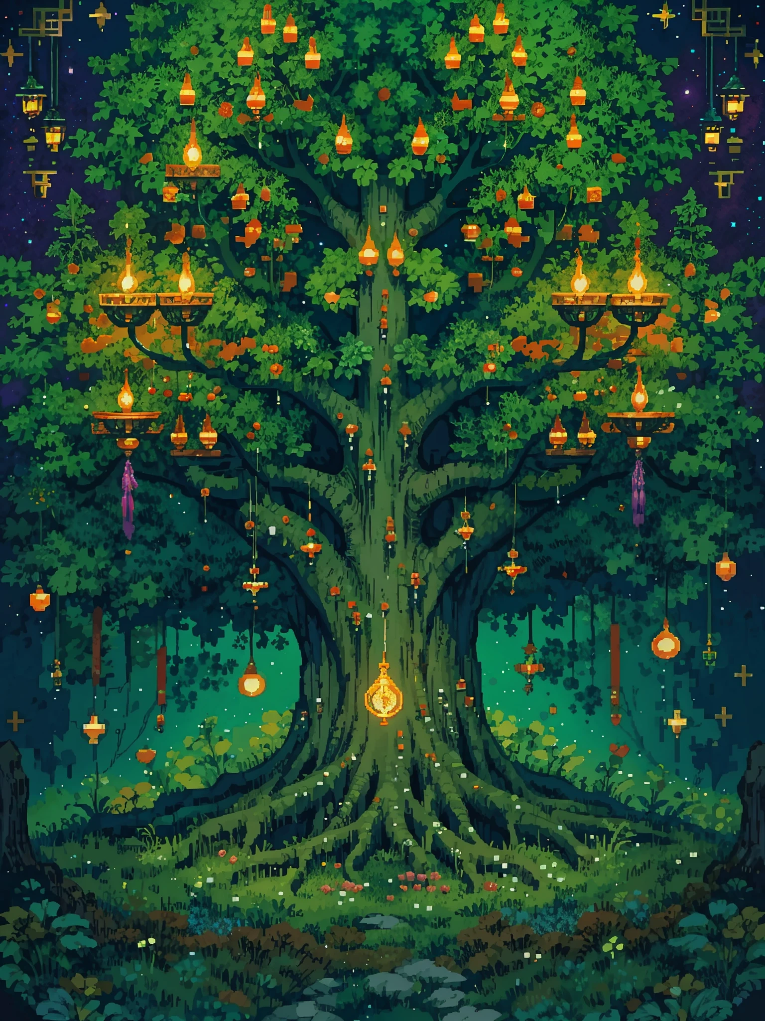 pixel art, magical plant, star dusts, night, darkness, glowing, purple, red, forest, Tree of life, Yggdrasill, world tree