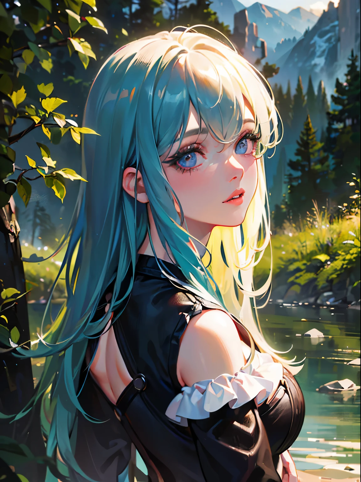 Stable Diffusion prompt:
(best quality, 8k, highres, masterpiece:1.2), ultra-detailed, (realistic, photorealistic, photo-realistic:1.37), illustrations, girl, detailed eyes, detailed lips, extremely detailed eyes and face, long eyelashes, overlooking large forest from back, mountain landscape, forest, nature, river