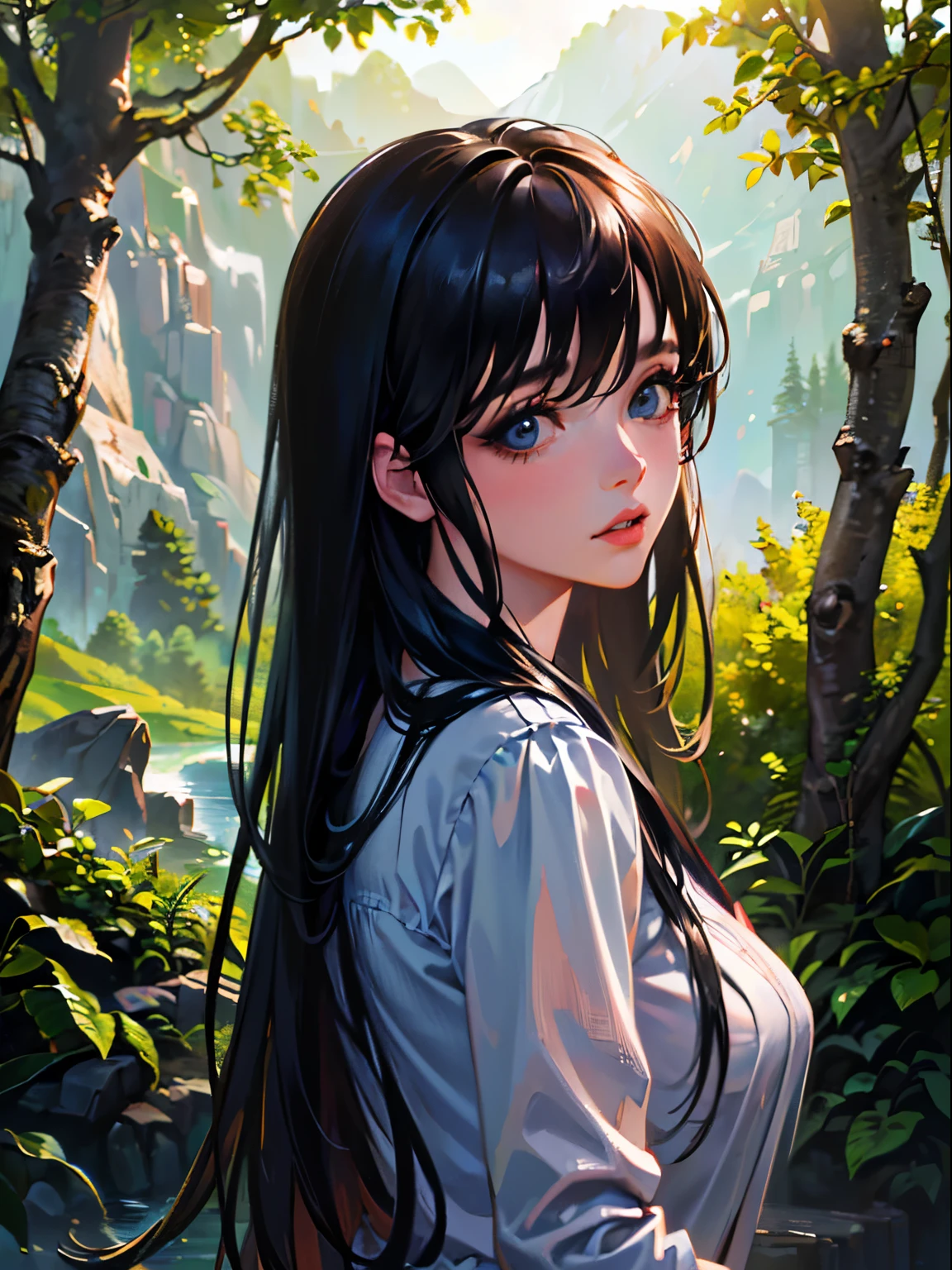 Stable Diffusion prompt:
(best quality, 8k, highres, masterpiece:1.2), ultra-detailed, (realistic, photorealistic, photo-realistic:1.37), illustrations, girl, detailed eyes, detailed lips, extremely detailed eyes and face, long eyelashes, overlooking large forest from back, mountain landscape, forest, nature, river