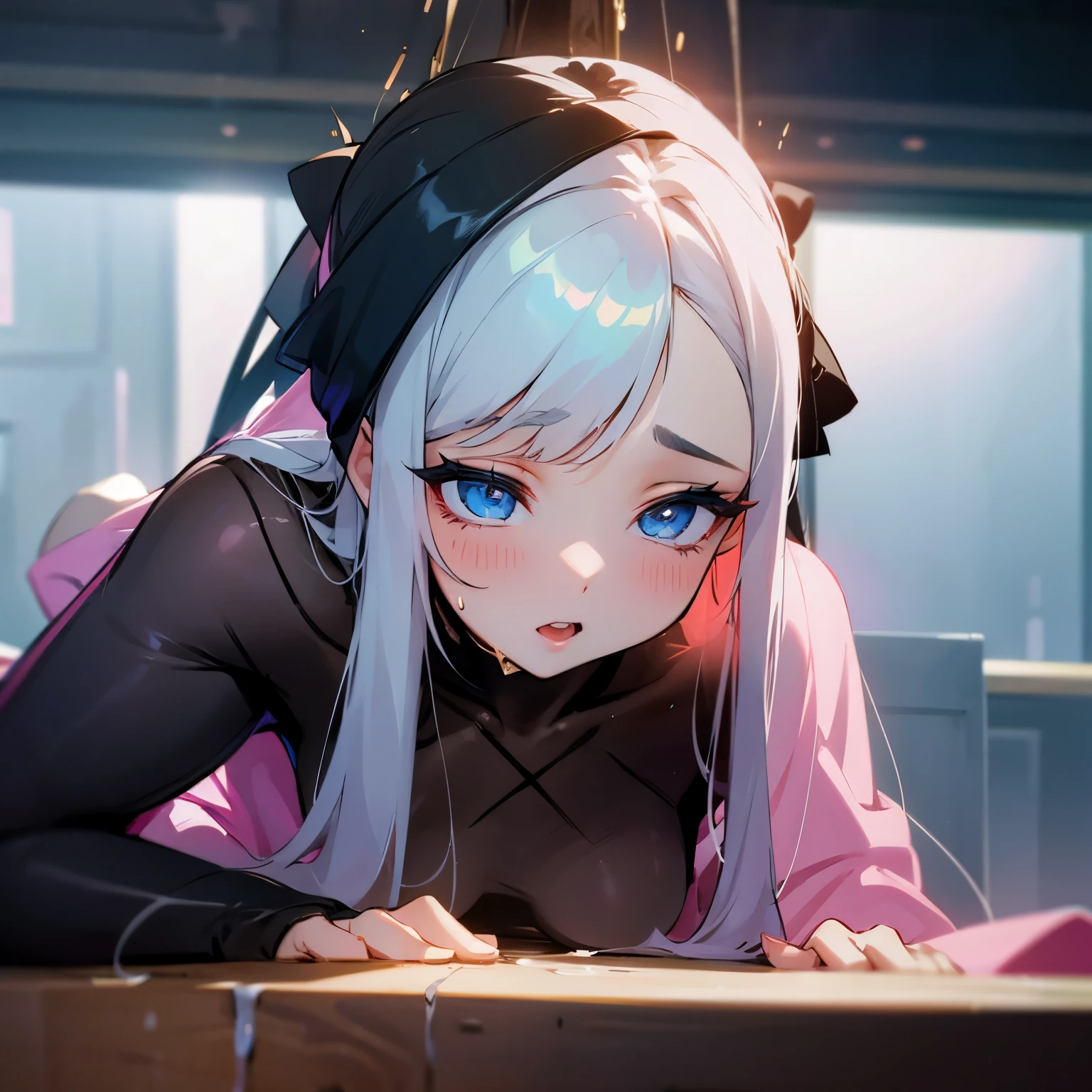 Anime Girl With Blue Eyes Laying On A Table With A Laptop Seaart Ai