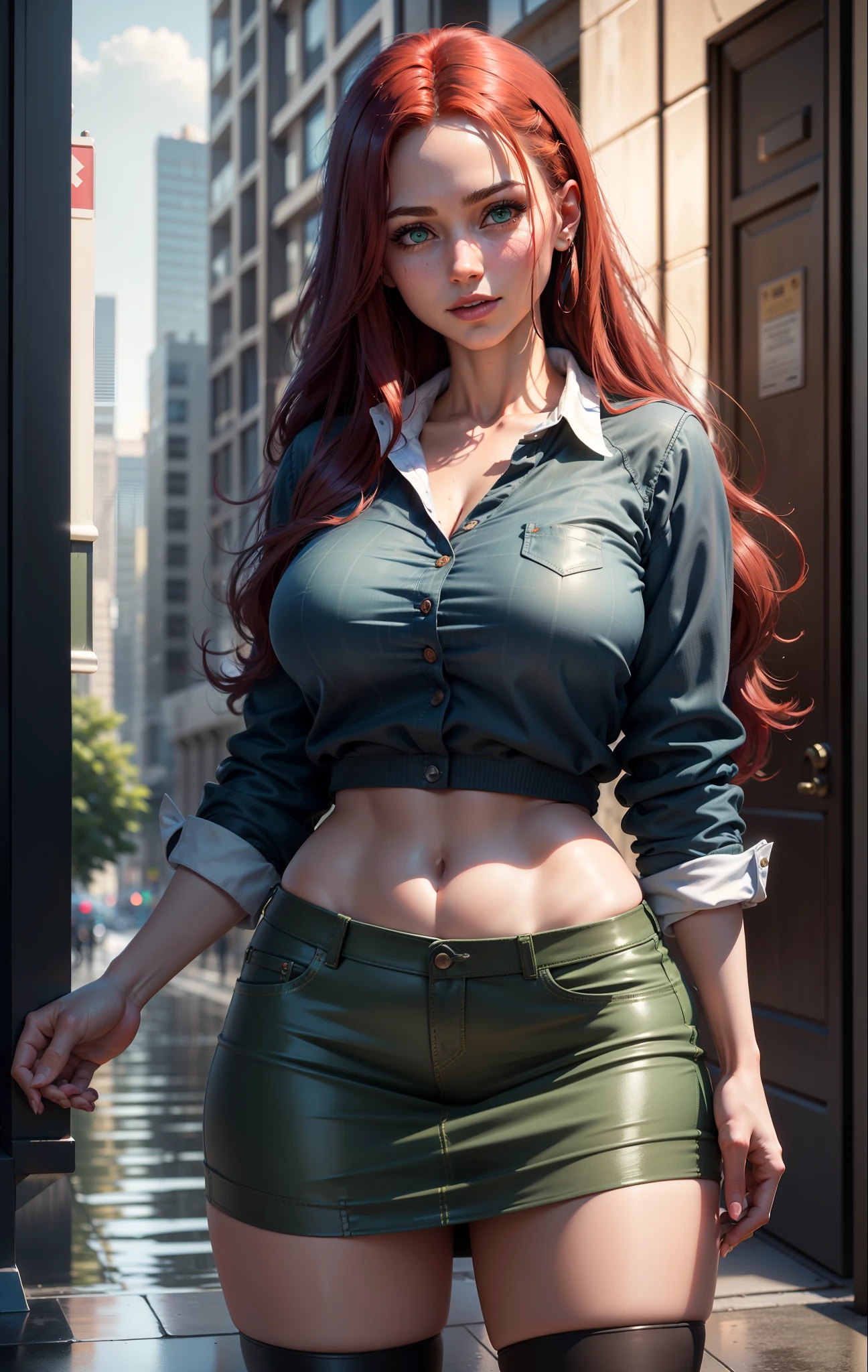 A close up of a woman in a short skirt and shirt - SeaArt AI