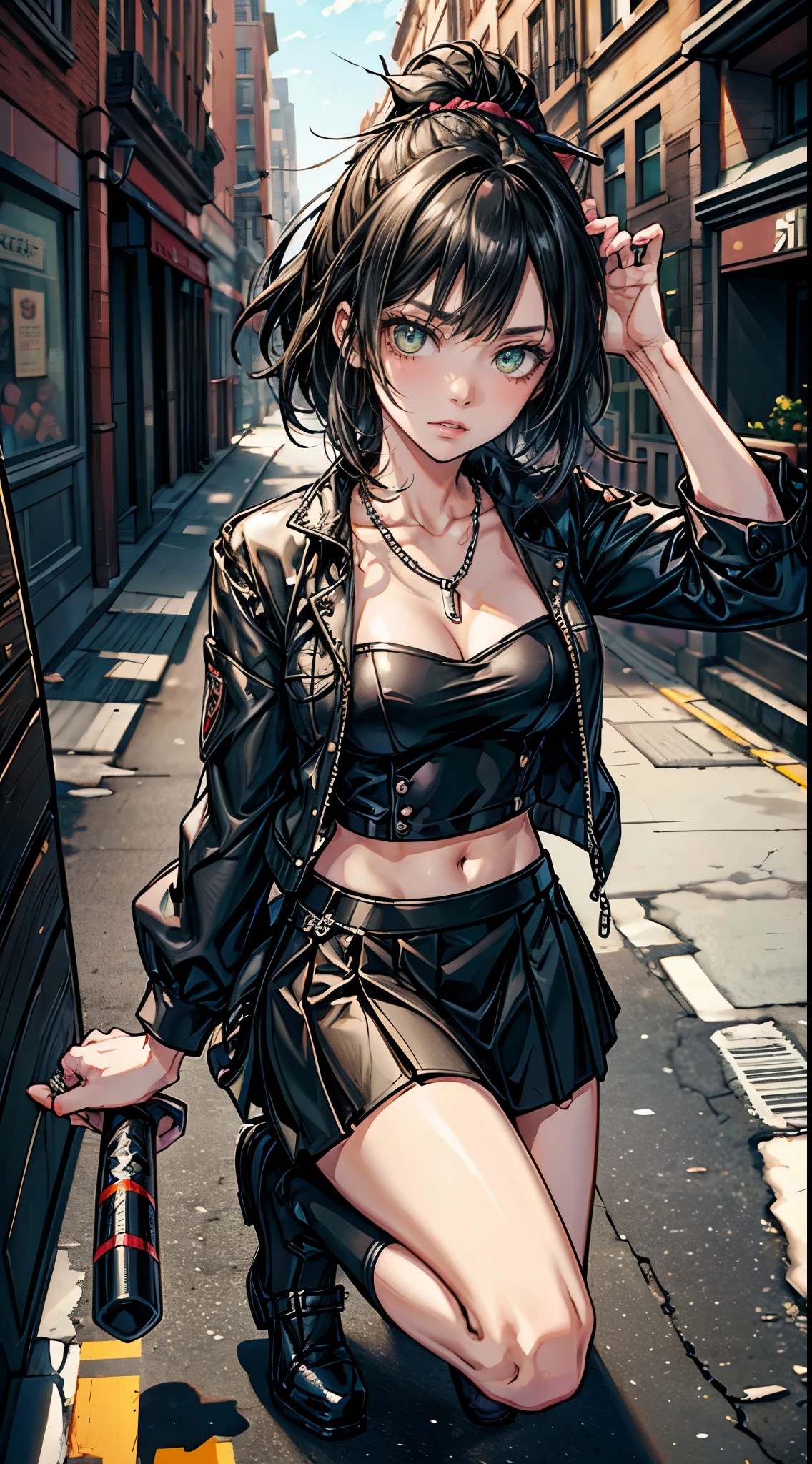 (masterpiece, best quality, highres, ultra-detailed), 1woman, long wave black hair, green eyes, handsome, detailed eyes and face, perfect body, bare collarbones, chain necklace, city slums background, oblique bangs, small breasts, short  gray skirt, white blouse, black blazer, Shoes, white kneesocks, red armband, Katana in hand, street, Strict look, chav, by amano Akira , reborn