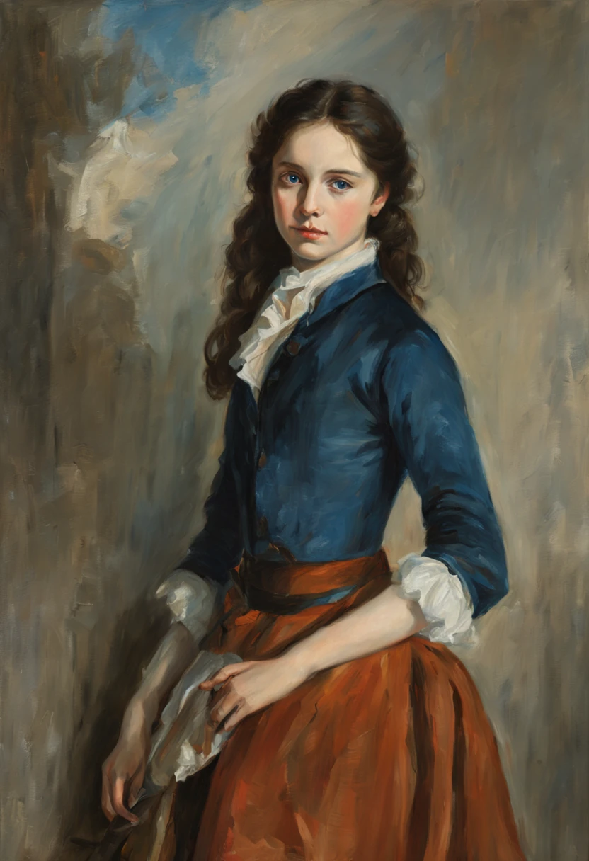 oil painting on canvas, Portrait of a beautiful young girl, dark hair, blue eyes, 18th century, Correct anatomy, Soft light, Sergeant style, Illustration by Greg Rutkowski., Vladimir Volekov