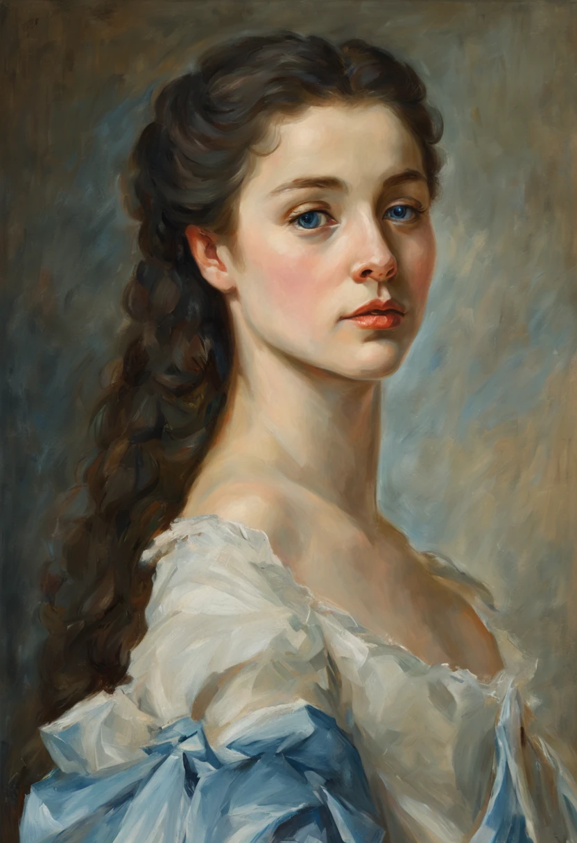 oil painting on canvas, Portrait of a beautiful young girl, dark hair, blue eyes, 18th century, Correct anatomy, Soft light, Sergeant style, Illustration by Greg Rutkowski., Vladimir Volekov