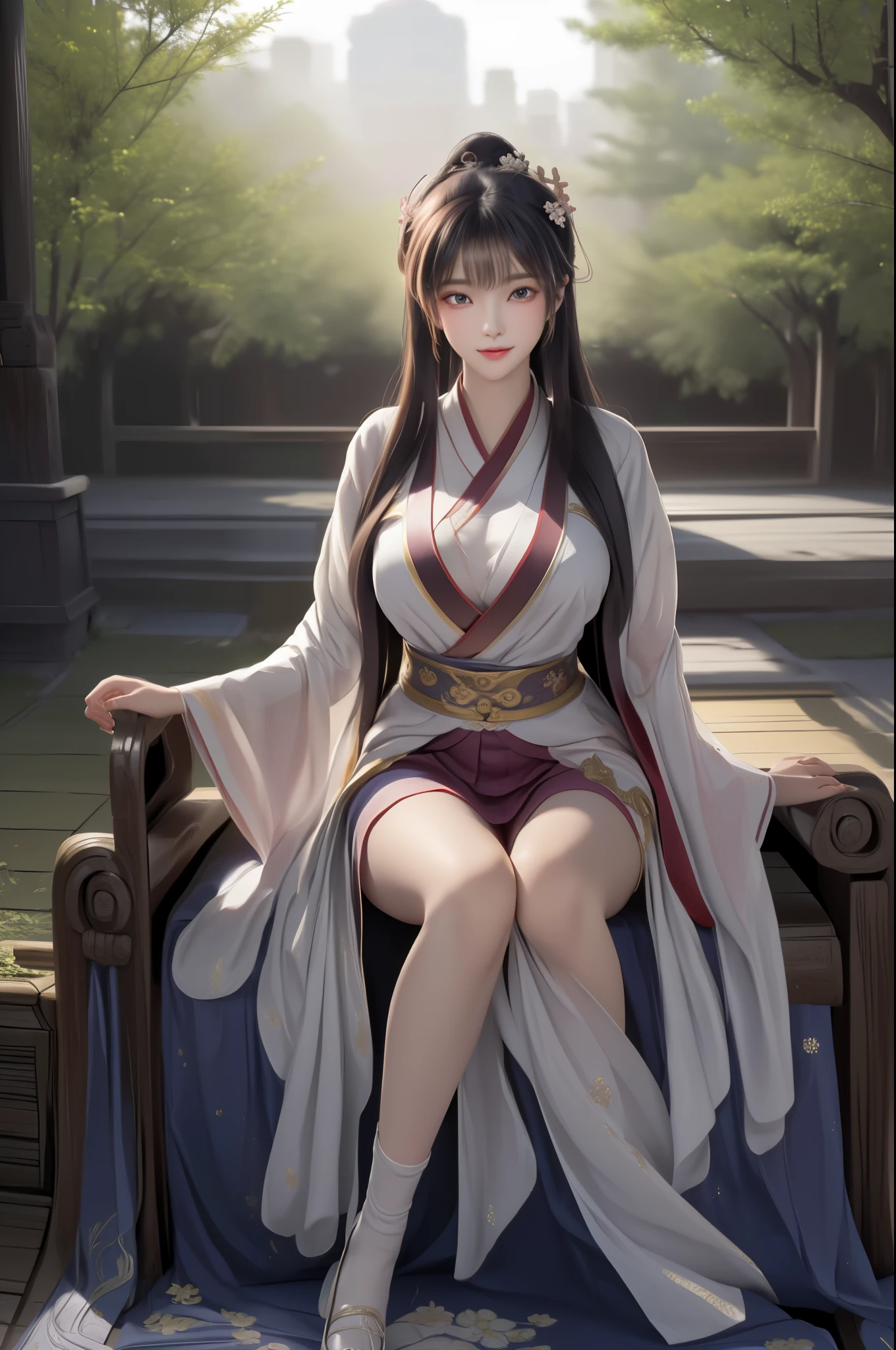 (8k, RAW Photos: 1.2), Best Quality, Illustration, Beautiful Painting, 1 sexy happy girl, Beautiful Face, Delicate Skin, Gorgeous Bun, Hair Accessories, (Hanfu:1,4), looking at viewer, ((sitting on old Chinese chair)), Chinese fan, Full Body, High Detail, Accent, Color Ink Painting, (((colorful)), lycoris, Sketch, Denoising, Dramatic, Cinematic, White background, Super High Resolution, Best Shadow, RAW, (HDR) (wallpaper) (Cinematic lighting) (sharp focuasterpiece, (Very detailed 8k wallpaper), gigantic breasts,  bamboo trees, Sakura garden, Sakura flower, (lags open facing viewer:1.5), Chinese bedroom,