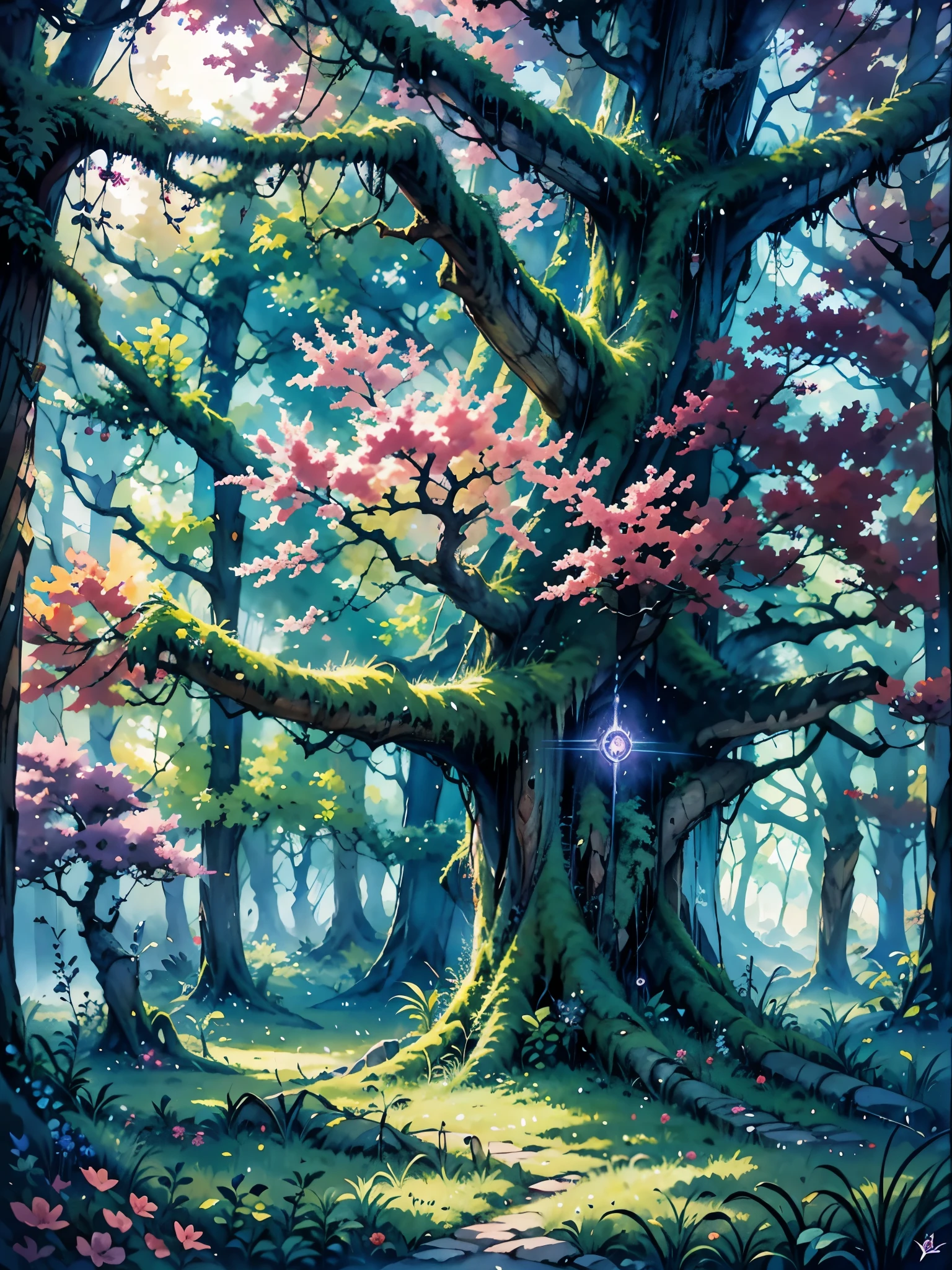 pixel art, magical plant, star dusts, night, darkness, glowing, purple, red, forest, Tree of life, Yggdrasill, world tree