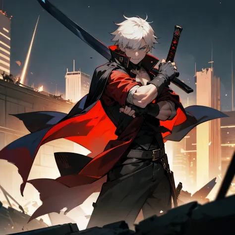 masterpiece, best quality, 1boy, dante, white hair, open clothes, coat, fingerless gloves, belt, city, detailed eyes, destroyed buildings, destruction, (night:1.4), smiling, natural light,war, angry eyes, looking ahead, male focus, muscles, movie compositi...