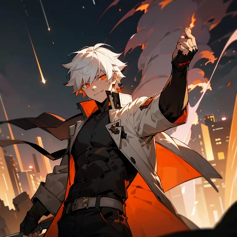 masterpiece, best quality, 1boy, white hair, open clothes, coat, fingerless gloves, belt, city, detailed eyes, fire, destruction...