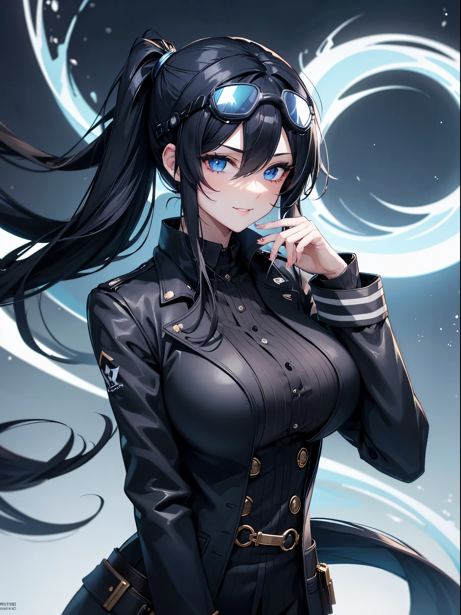 female, smile , black hair, long pony tail, dark blue eye,blue eye, detective, black top hat with head goggles, black hair, dark blue eyes, black trench coat, blue vest, white shirt, big  , huge breasts, night time, sea, moonlight, star, erotic pose