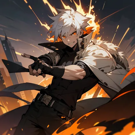 masterpiece, best quality, 1boy, white hair, open clothes, coat, fingerless gloves, belt, city, detailed eyes, fire, destruction, (night:1.4), smiling, natural ligh, orange eyes, angry eyes, looking ahead, male focus, muscles, movie composition, deth of fi...