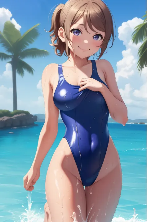 (Masterpiece)), 8k wallpaper,solo, Watanabe you, wet, standing,pov, smile,wearing only a basic swimsuit and pumps, The shoulder area of the swimsuit is a tank top type without decoration, The waist of the swimsuit is a high-cut leotard type The surface of ...