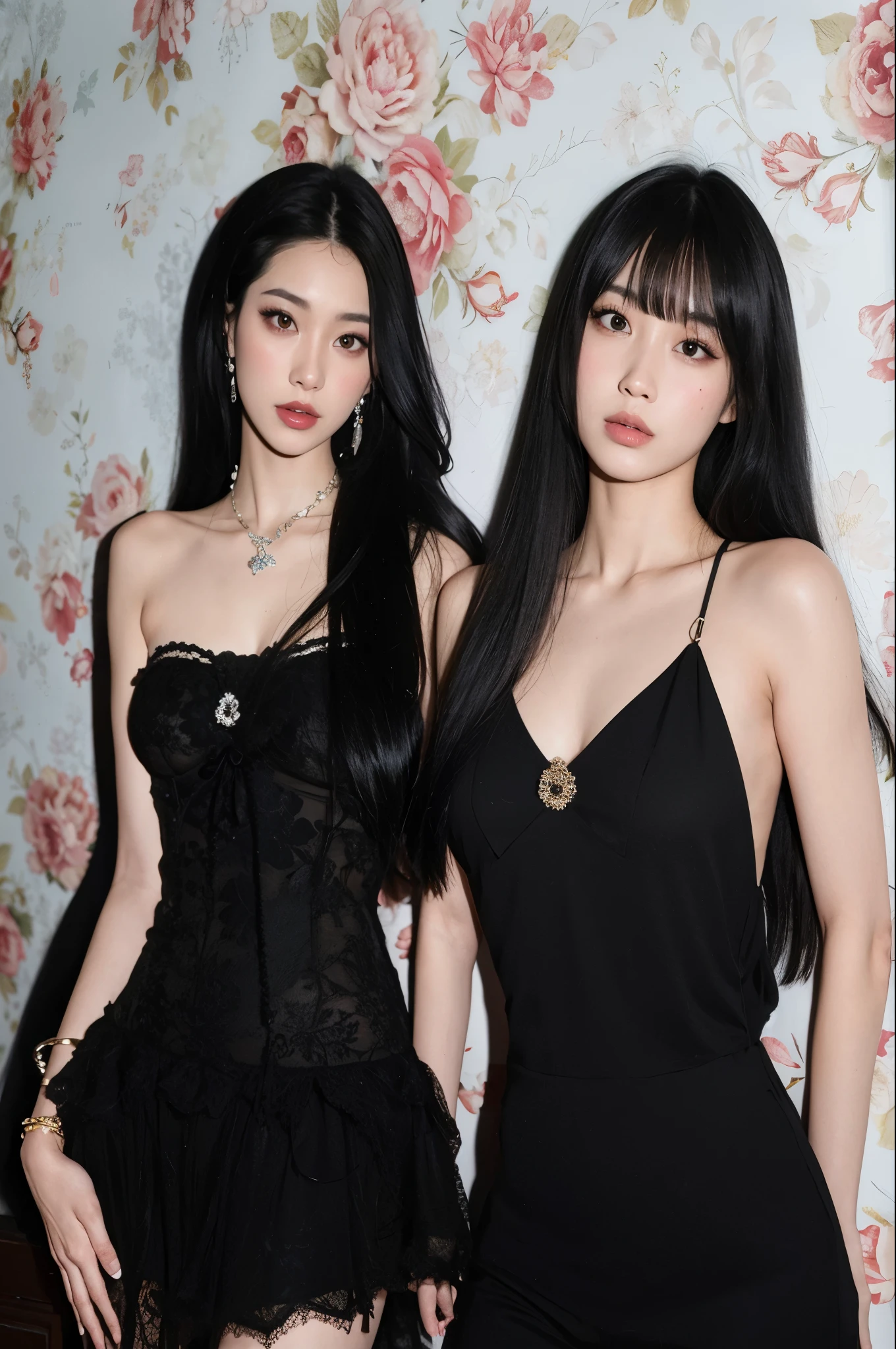 Two asian women in black dresses posing for a picture - SeaArt AI