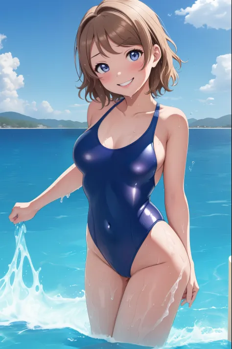 (Masterpiece)), 8k wallpaper,solo, Watanabe you, wet, standing,pov from below, smile,wearing only a basic swimsuit and pumps, The shoulder area of the swimsuit is a tank top type without decoration, The waist of the swimsuit is a high-cut leotard type The ...