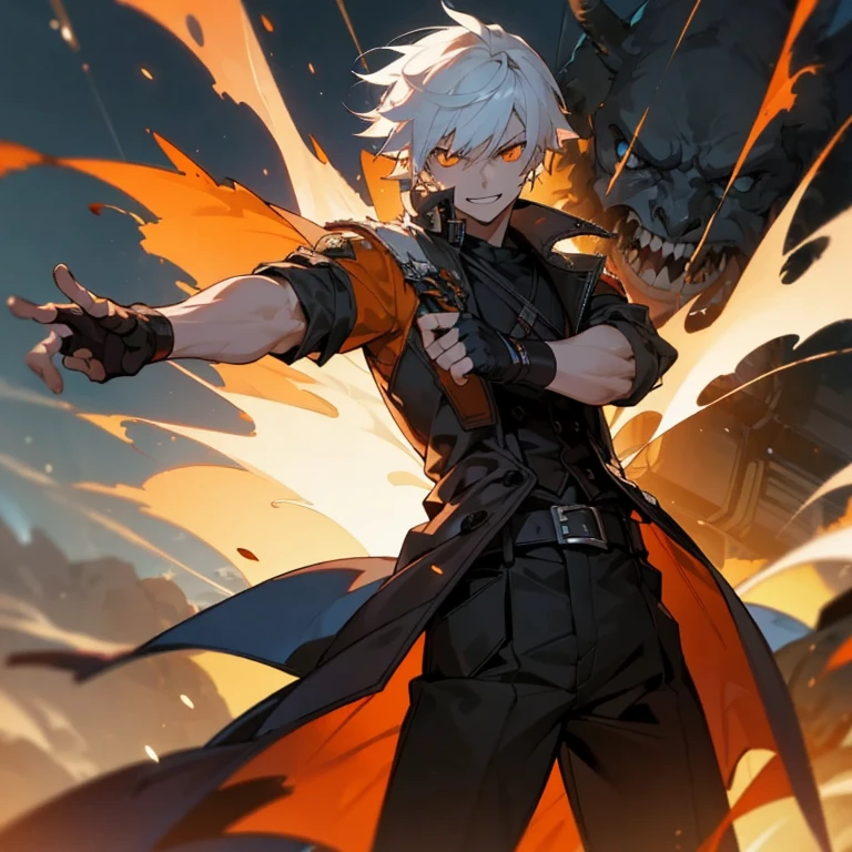 masterpiece, best quality, 1boy, white hair, open clothes, coat, fingerless gloves, belt, detailed eyes, orange eyes, destruction, (night:1.4), smiling, natural light, fire , angry eyes, looking ahead, male focus, muscles, movie composition, deth of field, bokeh (demons on the background:1.2) , fighting pose, explosions, upper,