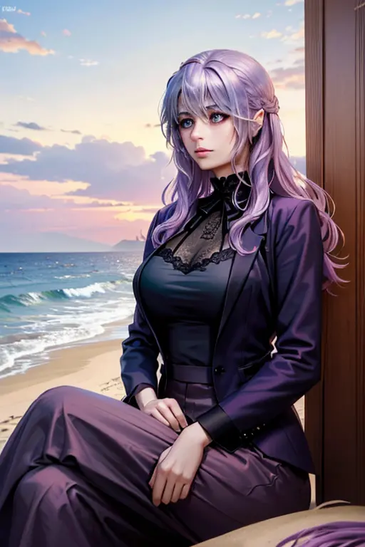 a pink haired woman with violet eyes in a lilac blouse and black lace skirt is sitting on the beach with a man with long navy ha...