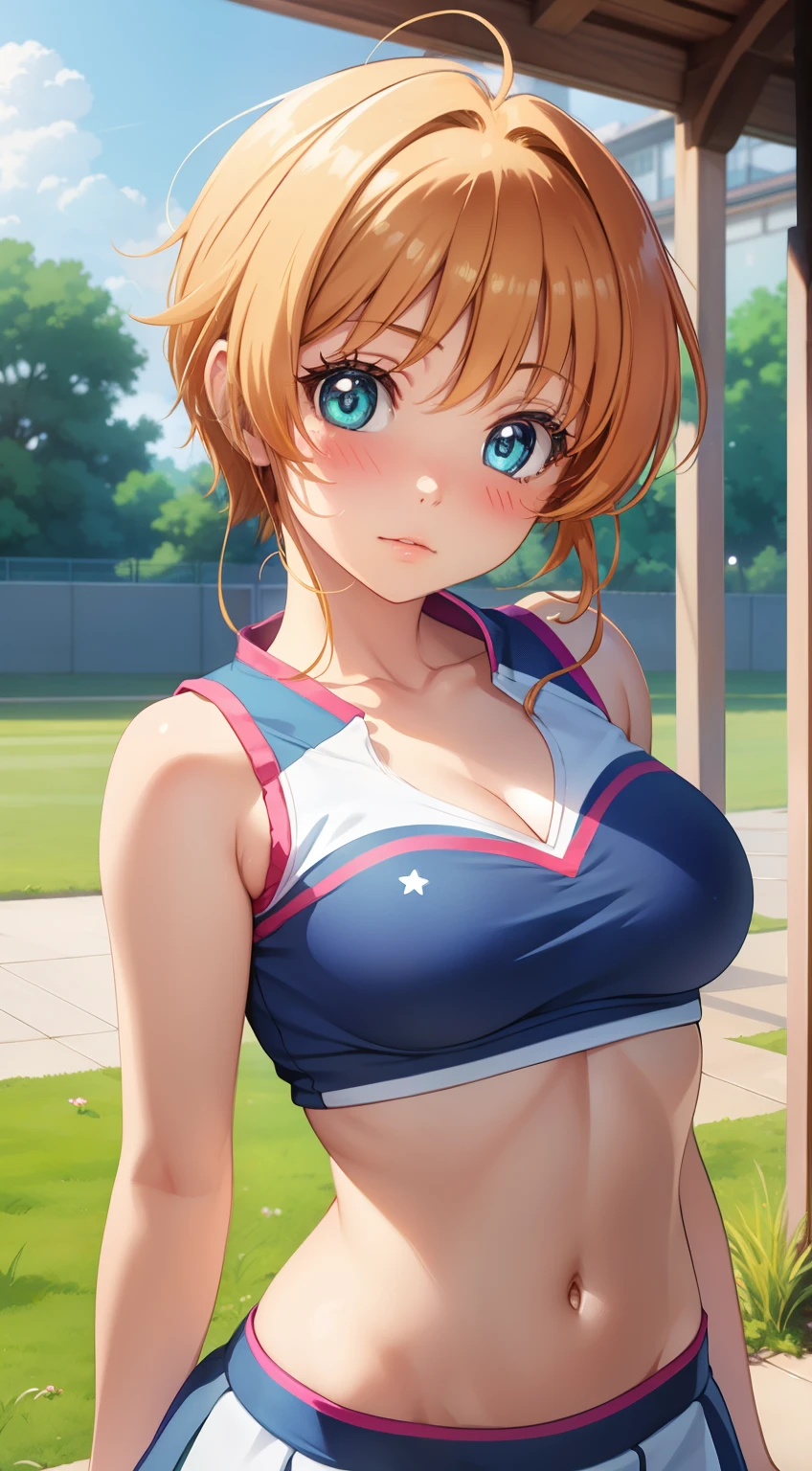 masterpiece, best quality, highres, perfect pixel, depth of field, 1girl, single, solo, beautiful anime girl, beautiful artstyle, anime character, (realistic eyes:1.2), (beautiful eyes:1.2), (detailed face), (blush:1.2), (anime CG style), (medium breasts), good lighting, dynamic angle, perfect body, lips parted, (sakura kinomoto), grass, (cheerleader), midriff, cleavage, sneakers