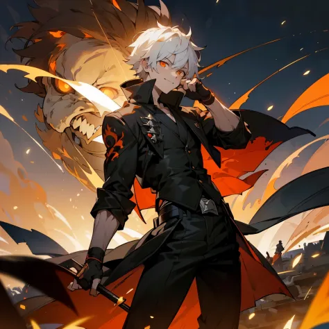 masterpiece, best quality, 1boy, white hair, open clothes, coat, fingerless gloves, belt, detailed eyes, orange eyes, destruction, (night:1.4), smiling, natural light, fire , angry eyes, looking ahead, male focus, muscles, movie composition, deth of field,...